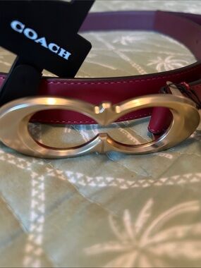 Coach Pink-Red Leather Belt with Gold Double-C Buckle